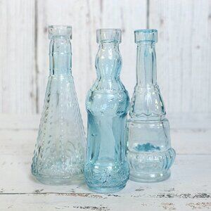 Trio of Small Blue Glass Bottles (Set 3) Vintage Glassware Vase Home Decor Gift